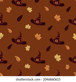 Seamless pattern with witch hats and autumn leaves. Halloween illustration. Brown background. Vector cartoon wrapping or print for fabric