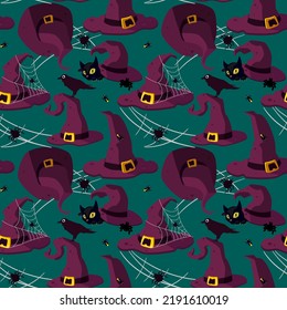 Seamless pattern of "Witch hats with details". Blue background for Halloween. Witch hats with cobwebs, spiders, crows, cats, fireflies. Wrapping paper, fashionable fabrics, prints, patterns.