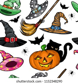 Seamless pattern with Witch hats, Halloween pumpkin, black cat and broom