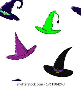 Seamless pattern of witch hats. Vector cartoon background. Hand-drawn style.