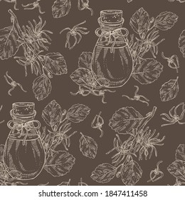 Seamless Pattern With Witch Hazel Flowering Branch, Leaves, Hamamelis Virginiana Flowers And Bottle Of Hamamelis Virginiana Essential Oil. Cosmetic, Perfumery And Medical Plant. Vector Hand Drawn