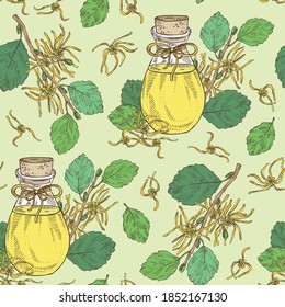 Seamless Pattern With Witch Hazel Flowering Branch, Leaves, Hamamelis Virginiana Flowers And Bottle Of Hamamelis Virginiana Essential Oil. Cosmetic, Perfumery And Medical Plant. Vector Hand Drawn