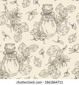 Seamless Pattern With Witch Hazel Flowering Branch, Leaves, Hamamelis Virginiana Flowers And Bottle Of Hamamelis Virginiana Essential Oil. Cosmetic, Perfumery And Medical Plant. Vector Hand Drawn