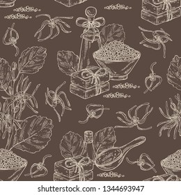 Seamless pattern with witch hazel:hamamelis virginiana flowers, soap and bath salt . Cosmetic and medical plant. Vector hand drawn illustration. 