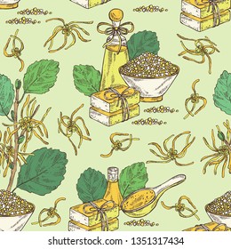 Seamless pattern with witch hazel:hamamelis virginiana flowers, soap and bath salt . Cosmetic and medical plant. Vector hand drawn illustration.