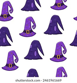 Seamless, pattern with witch helloween hats in purple color