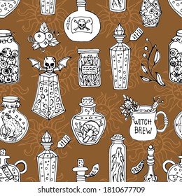 Seamless pattern with witch magic bottles and brew drink with potion. Mystic background for Halloween, esoteric, gothic and occult concept