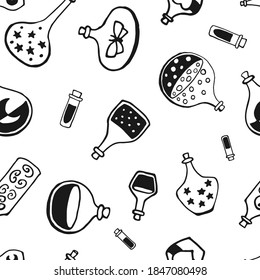 Seamless pattern with witch magic bottles and brew drink with potion. Mystic background for Halloween, esoteric, gothic and occult concept.