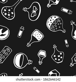 Seamless pattern with witch magic bottles and brew drink with potion. Mystic background for Halloween, esoteric, gothic and occult concept.