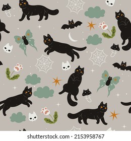 Seamless pattern with witch magic cats. Vector graphics.