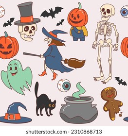 Seamless pattern with a witch on a broom, a skull in a top hat, a black cat, a ghost, a cauldron with a potion, flying bats and a monster with a pumpkin head for Halloween in groovy style.