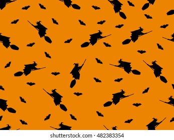 Seamless pattern with a witch on a broom and bats for Halloween. Vector illustration.