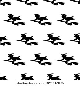 Seamless pattern with a witch on a broomstick. Black witch on a white background. Backgrounds and wallpapers for cards, fabrics, packaging, textiles. Vector illustration.