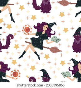 Seamless pattern witch on a broomstick with a cat. Vector illustration of a sorceress and her familiar for halloween, background, wallpaper, wrapper, banner, poster.