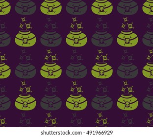Seamless pattern witch pot with skull bubbles
