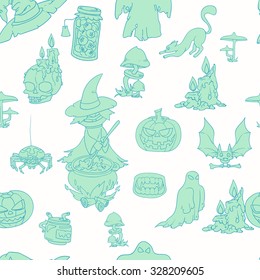 Seamless pattern with witch, pumpkin, cat. spider and other monsters. Print for Halloween. Vector illustration. in white and cyan colors