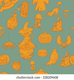 Seamless pattern with witch, pumpkin, cat. spider and other monsters. Print for Halloween. Vector illustration. in orange and grey colors
