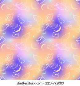 Seamless pattern of witch school with owls and envelops, withcraft at holographic background.