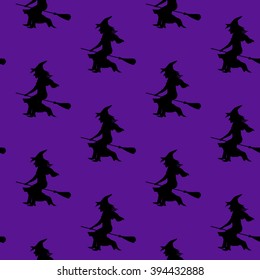 Seamless pattern witch silhouette in witch hat flying on broom. Vector pattern for halloween decoration, walpurgis night invitation card, wrapping paper, fabric.