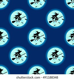 Seamless pattern witch silhouette  hat flying on broom. Vector  halloween decoration, walpurgis night invitation card, wrapping paper, fabric.