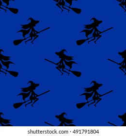 Seamless pattern witch silhouette in witch hat flying on broom.