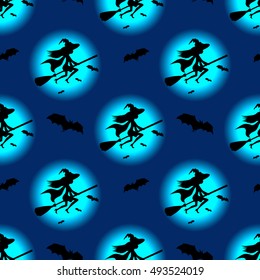 Seamless pattern witch silhouette hat flying on broom. Vector halloween decoration, walpurgis night invitation card, wrapping paper, fabric.