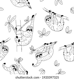 seamless pattern witch sloth bear in doodle  style,vector