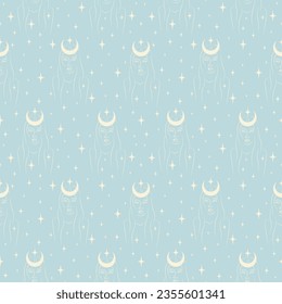 Seamless pattern with with witch woman blue print. Esoteric and tribal bohemian artwork.