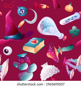 Seamless Pattern with Witchcraft accessories and mushrooms. Alchemy Collection with Magic Hat, Glass Poison Bottle, Sickle, Wizard Book, Candle, Eye and Test Tube. For Cartoon Game Design, Fabric