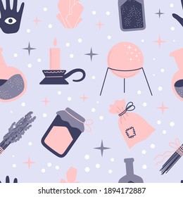 Seamless pattern of witchcraft elements on a blue background. Attributes for magic. Hand drawn vector illustration
