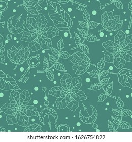 Seamless Pattern with witchcraft elements in vector illustration with floral elements and symbols in lines and dots
