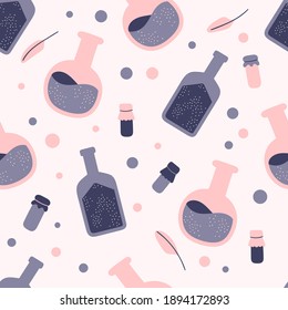 Seamless pattern of witchcraft flasks and jars with potions on a pink background. Attributes for magic. Hand drawn vector illustration