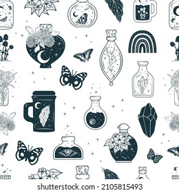 Seamless Pattern With Witchcraft Potions, Celestial  Jugs, Butterflies And Mystical Flowers. Hand Drawn Vector Witchy Background For Wrapping Paper Or Textile.