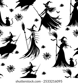 Seamless Pattern of Witches, Bats, and Spiders in Black Silhouette. Halloween Witches on Brooms with Cats and Spiderwebs Pattern