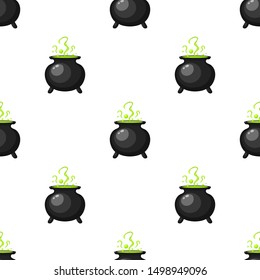 Seamless pattern with witches black steel cauldron with boiling green magic potion on white background. Decorative texture for Halloween. Vector illustration for design, web, wrapping paper, fabric.
