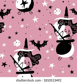 Seamless pattern with witches with cauldron, moon and bat. Simple silhouette girly illustration. magic pink night. Flat design for wrapping and textile