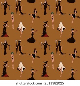 Seamless pattern with Witches. Cute ladies in retro style