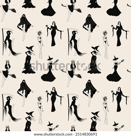 Seamless pattern with Witches. Cute ladies in retro style