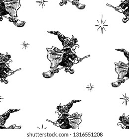 Seamless pattern of witches flying on brooms