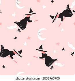 Seamless pattern with witches flying on brooms. Halloween design for fabric and paper, surface textures. Pastel colors design with pink background.