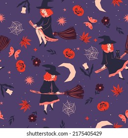 Seamless pattern with witches flying on broomsticks. Vector graphics.