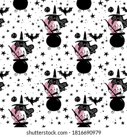 Seamless pattern with witches making a magic potion in cauldron. stars andmoon at sky. Simple silhouette girly illustration. magic pink night. Flat design for wrapping and textile