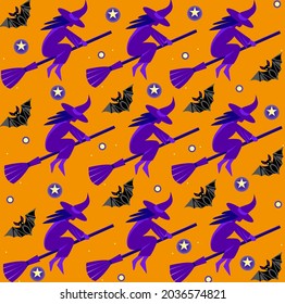  Seamless pattern with witches on a broomstick and bats on an orange background. Halloween surface design.