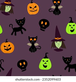 Seamless pattern with witches, pumpkins, black cats, skull. Vector graphics for Halloween.