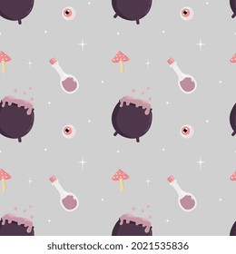 Seamless pattern with witch's cauldron, potion, eye, amanita, stars on grey background. Cartoon flat vector style. Baby texture for fabric, wrapping, textile, wallpaper, clothing, greeting cards.