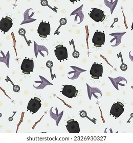 Seamless pattern with witchs cauldron, witch hat, magic stick and Halloween pentacle key