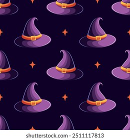 Seamless pattern with a witch's hat and stars on a dark background