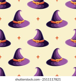 Seamless pattern with a witch's hat and stars on a yellow background