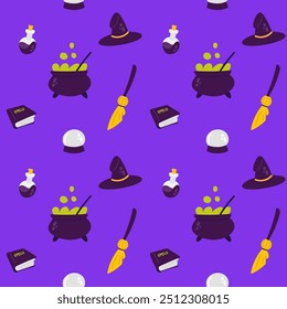 Seamless pattern with witch's tools and potion Vector illustration