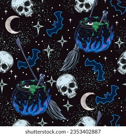 Seamless pattern with witchy cauldron with bubbling green potion, blue fire, half skull, brooms, bat, stars. Halloween night. Witchcraft illustration. CMYK blue